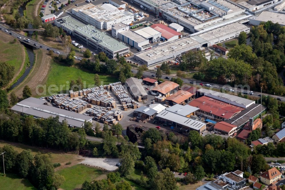 Lohr am Main from above - Building and production halls on the premises of the sawmill of Mehling & Wiesmann GmbH in Lohr am Main in the state Bavaria, Germany