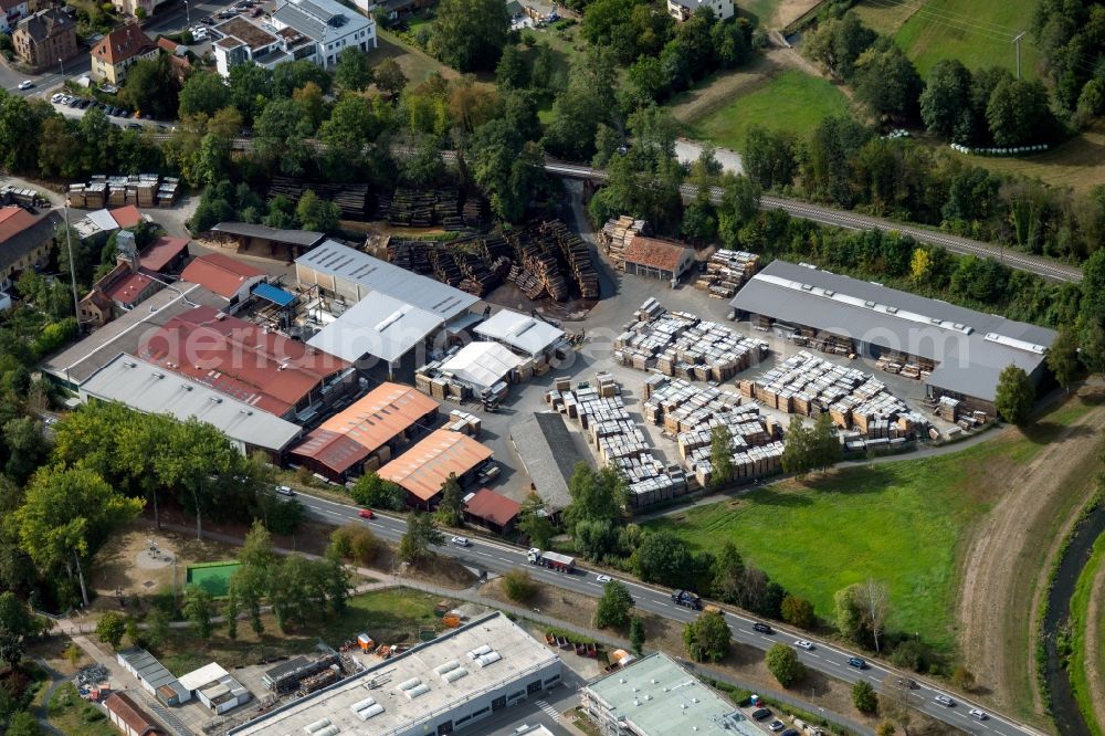 Aerial image Lohr am Main - Building and production halls on the premises of the sawmill of Mehling & Wiesmann GmbH in Lohr am Main in the state Bavaria, Germany