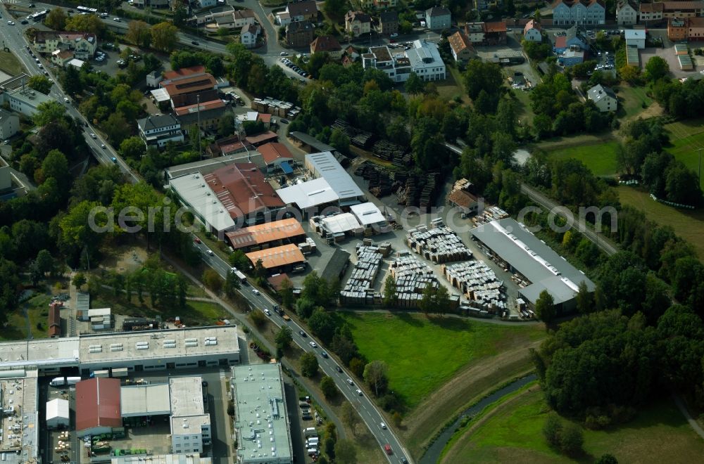 Aerial photograph Lohr am Main - Building and production halls on the premises of the sawmill of Mehling & Wiesmann GmbH in Lohr am Main in the state Bavaria, Germany