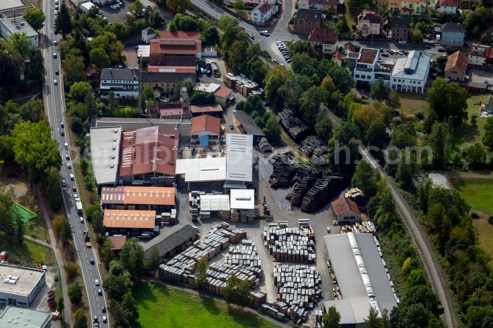 Lohr am Main from above - Building and production halls on the premises of the sawmill of Mehling & Wiesmann GmbH in Lohr am Main in the state Bavaria, Germany