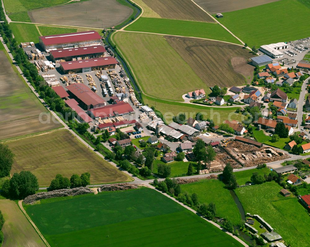 Aerial photograph Rot an der Rot - Building and production halls on the premises of the sawmill on street b. d. Saegmuehle in the district Zell in Rot an der Rot in the state Baden-Wuerttemberg, Germany