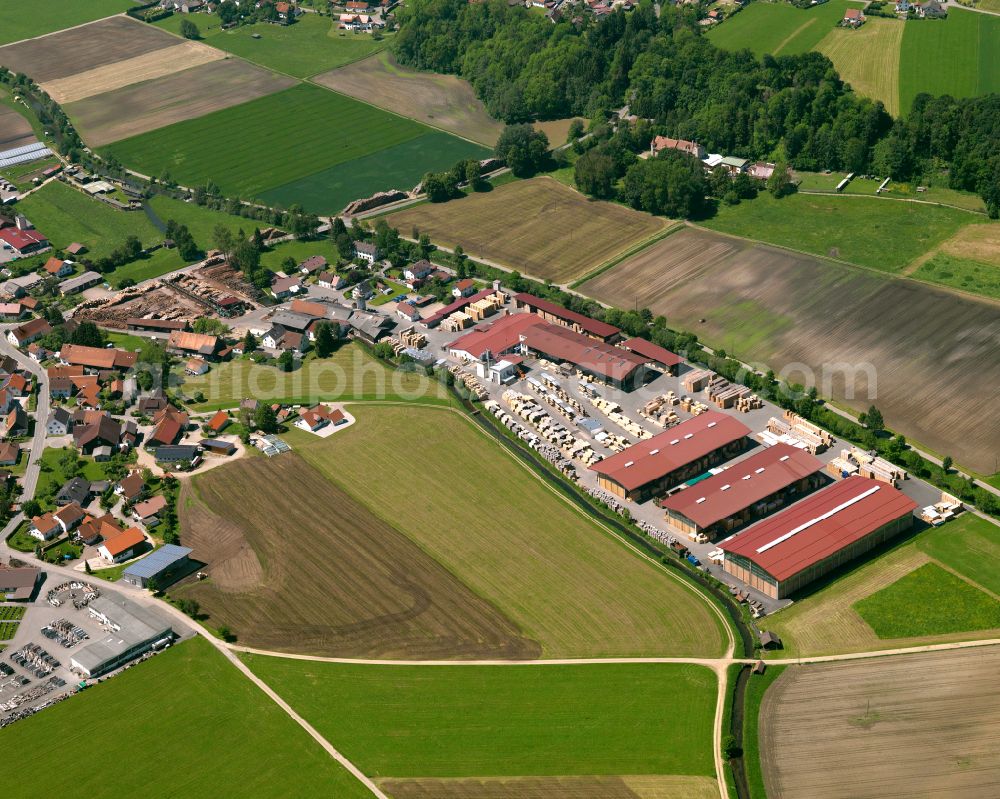 Rot an der Rot from above - Building and production halls on the premises of the sawmill on street b. d. Saegmuehle in the district Zell in Rot an der Rot in the state Baden-Wuerttemberg, Germany