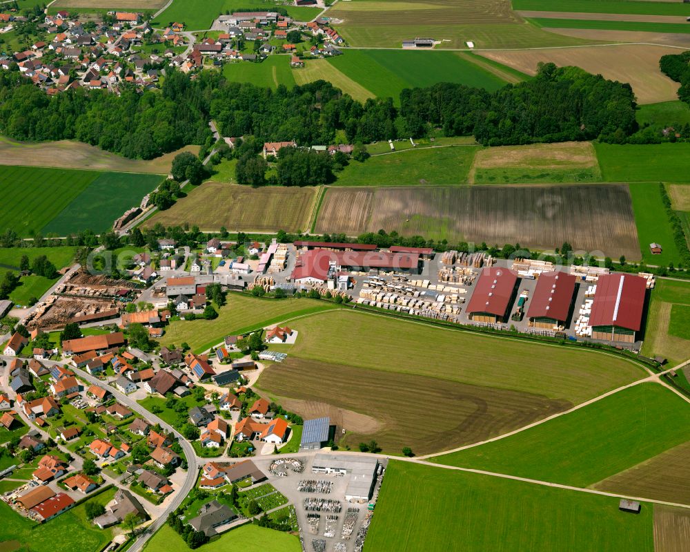 Rot an der Rot from the bird's eye view: Building and production halls on the premises of the sawmill on street b. d. Saegmuehle in the district Zell in Rot an der Rot in the state Baden-Wuerttemberg, Germany