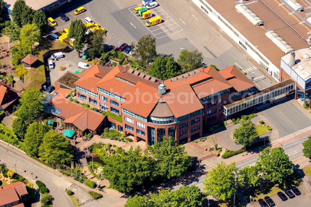 Duisburg from above - Building and production halls on the premises of Sinalco Internat. GmbH & Co.KG on Roemerstrasse in the district Walsum in Duisburg in the state North Rhine-Westphalia, Germany