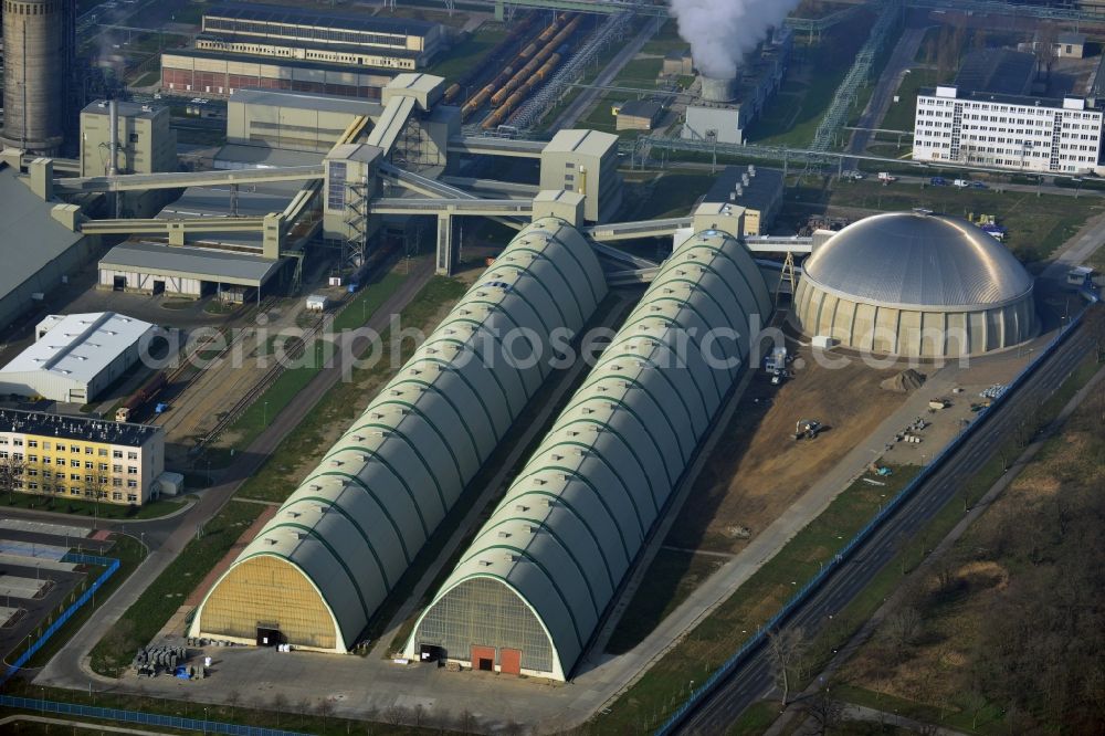 Aerial photograph Piesteritz - Warehouses on the plant grounds of the SKW Stickstoffwerke Piesteritz GmbH. The company is the largest urea and ammonia producer in Germany