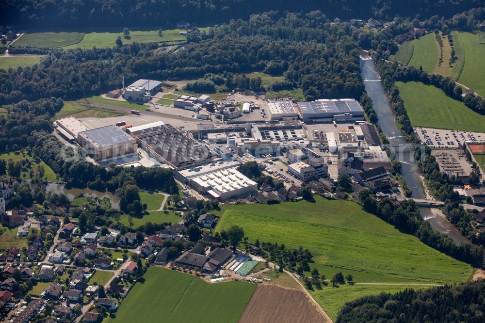 Attnang-Puchheim from above - Building and production halls on the premises S. Spitz GmbH on Gmundner Strasse in Attnang-Puchheim in Oberoesterreich, Austria