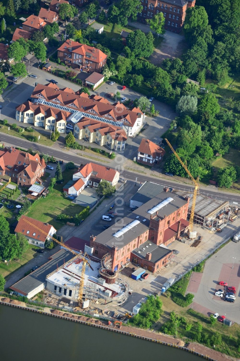 Genthin from above - Building and production halls on the premises of TCS TuerControlSysteme AG in Genthin in the state Saxony-Anhalt