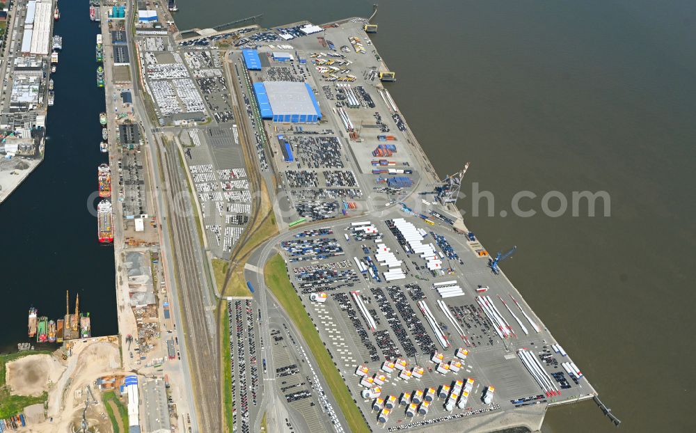 Cuxhaven from the bird's eye view: Building and production halls on the premises of Titan Wind Energy (Germany) GmbH on street Hermann-Honnef-Strasse in Cuxhaven in the state Lower Saxony, Germany