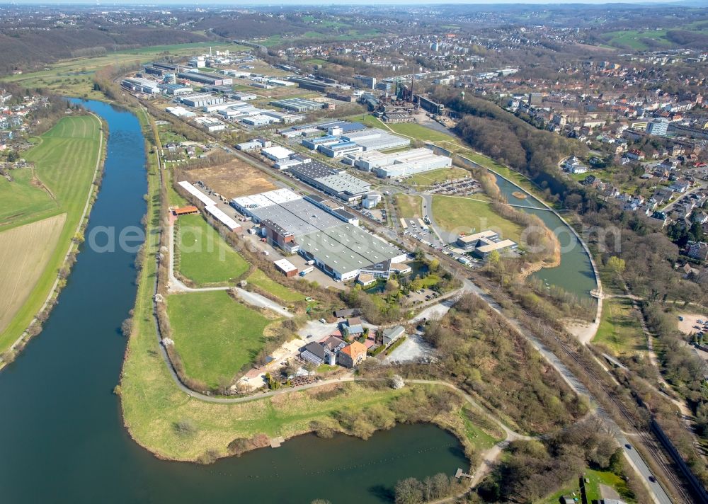 Hattingen from above - Building and production halls on the premises of Turbon AG on Ruhrdeich in Hattingen in the state North Rhine-Westphalia, Germany