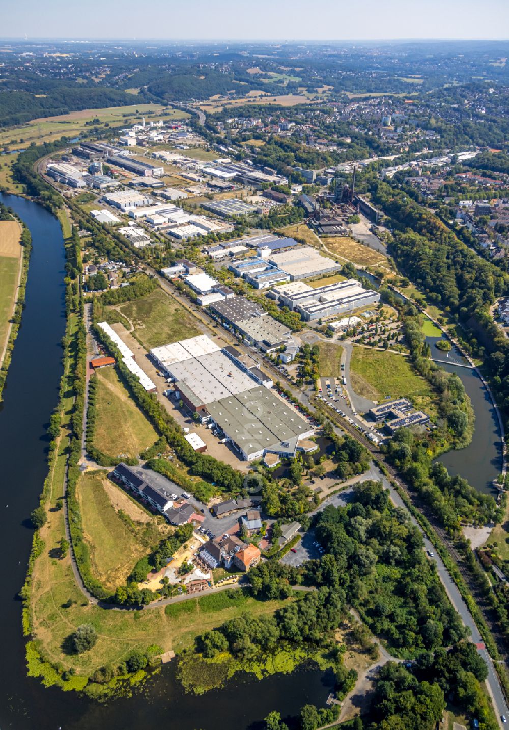 Hattingen from above - Building and production halls on the premises of Turbon AG on Ruhrdeich in Hattingen in the state North Rhine-Westphalia, Germany