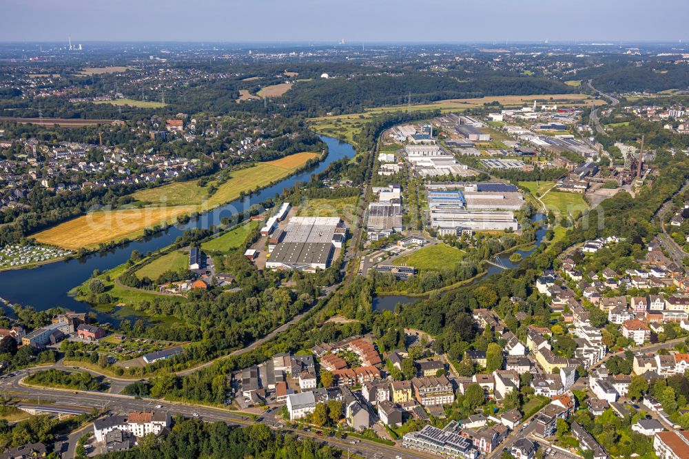 Hattingen from above - Building and production halls on the premises of Turbon AG on Ruhrdeich in Hattingen in the state North Rhine-Westphalia, Germany