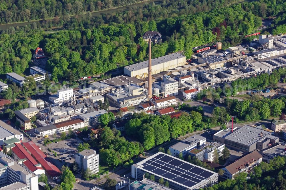 Pullach im Isartal from the bird's eye view: Building and production halls on the premises of the chemical manufacturers United Initiators in Pullach im Isartal in the state Bavaria, Germany