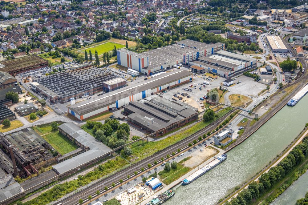 Hamm from the bird's eye view: Building and production halls on the premises Voestalpine Boehler Welding on street Hafenstrasse in the district Heessen in Hamm at Ruhrgebiet in the state North Rhine-Westphalia, Germany