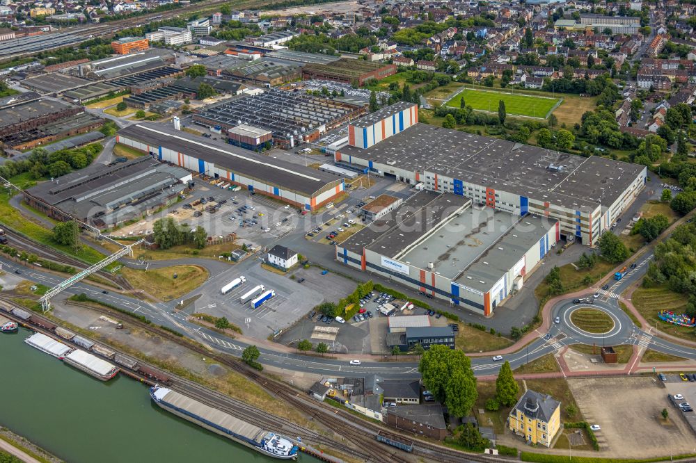 Hamm from above - Building and production halls on the premises Voestalpine Boehler Welding on street Hafenstrasse in the district Heessen in Hamm at Ruhrgebiet in the state North Rhine-Westphalia, Germany