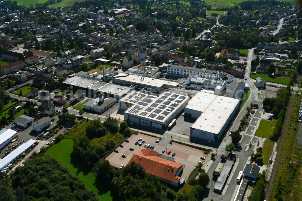 Treuen from above - Building and production halls on the premises of VOWALON Beschichtung GmbH on street Bahnhofstrasse - Ostrastrasse in Treuen in the state Saxony, Germany