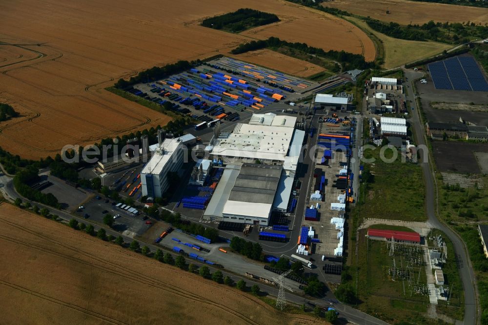 Westeregeln from above - Building and production halls on the premises of Wavin GmbH Rohrsysteme on Borrweg in Westeregeln in the state Saxony-Anhalt, Germany