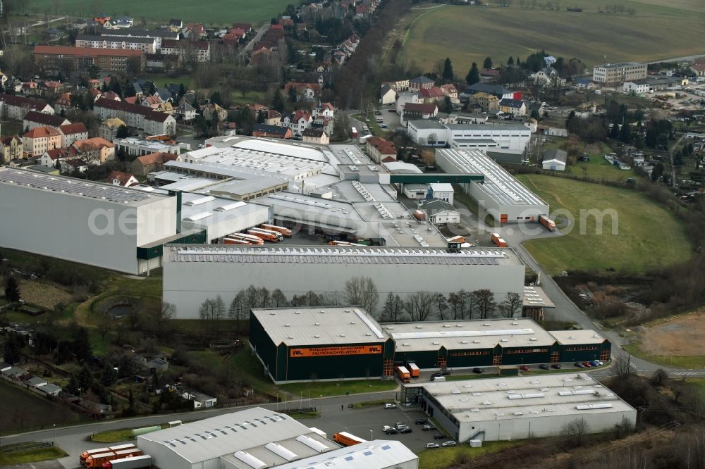 Aerial image Lucka - Building and production halls on the premises of Wellpappenwerk Immobilien Lucka GmbH on Bahnhofstrasse in Lucka in the state Thuringia