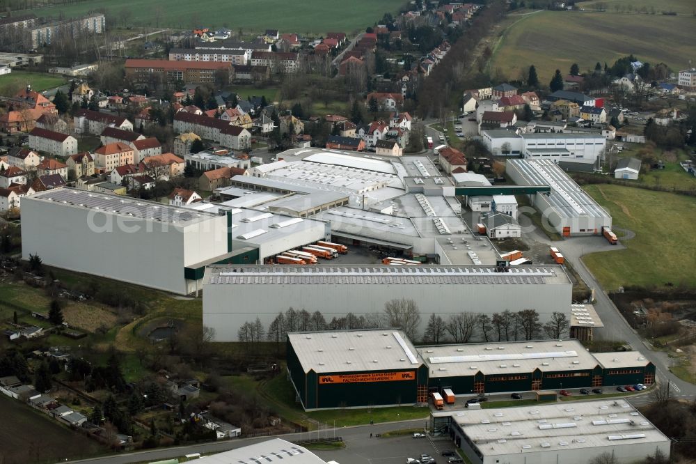 Aerial photograph Lucka - Building and production halls on the premises of Wellpappenwerk Immobilien Lucka GmbH on Bahnhofstrasse in Lucka in the state Thuringia