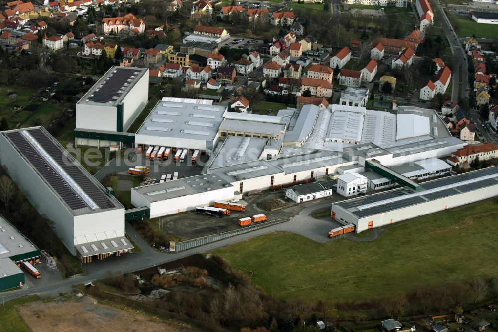 Aerial image Lucka - Building and production halls on the premises of Wellpappenwerk Immobilien Lucka GmbH on Bahnhofstrasse in Lucka in the state Thuringia