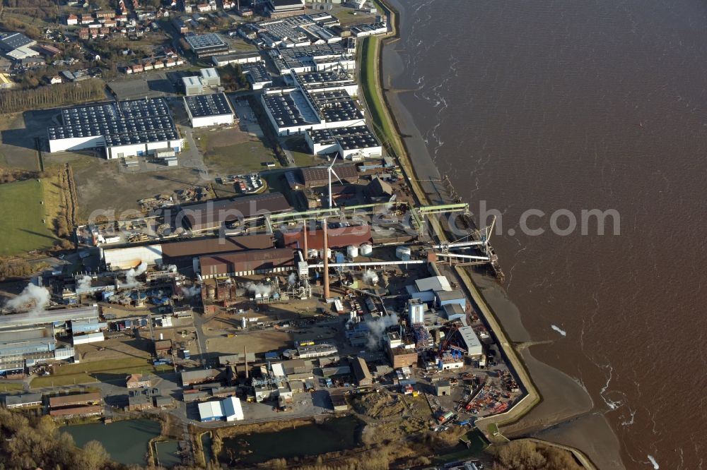 Nordenham from above - Building and production halls on the premises of Weser-Metall GmbH on Johannastrasse in Nordenham in the state Lower Saxony, Germany