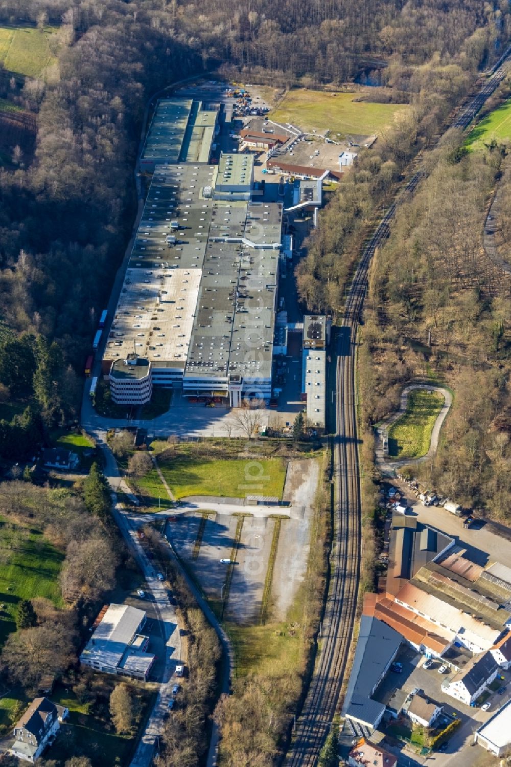 Velbert from the bird's eye view: Building and production halls on the premises of Wieland-Werke AG on Ziegeleiweg in the district Langenberg in Velbert in the state North Rhine-Westphalia, Germany