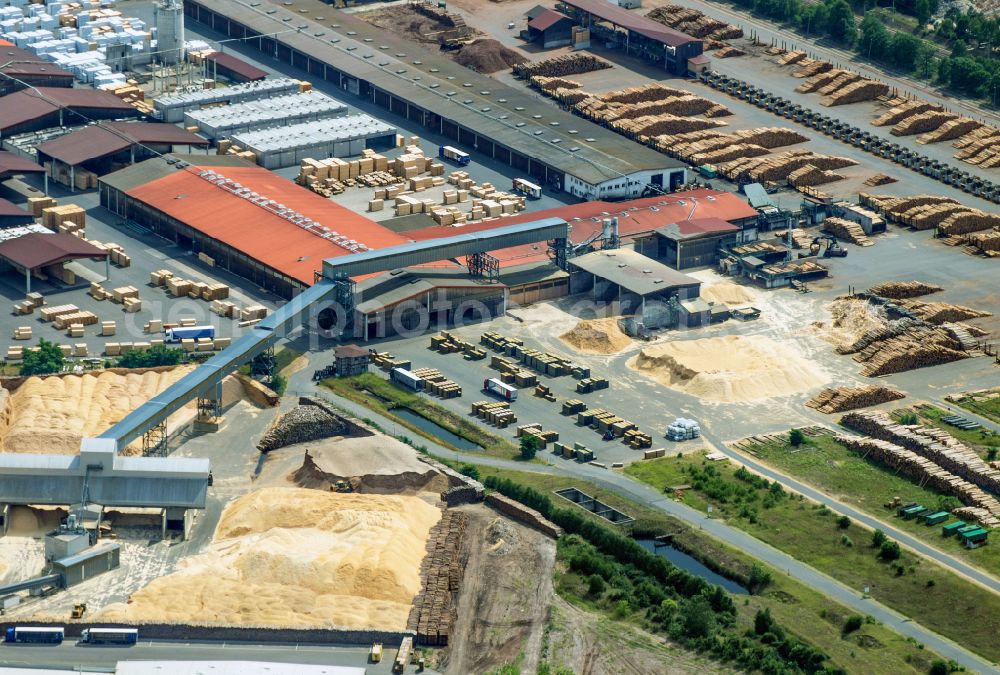 Aerial image Baruth/Mark - Buildings and production halls on the factory premises for wood processing of Binder Beteiligungs AG in Baruth/Mark in the state of Brandenburg, Germany