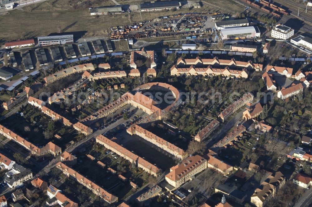 Aerial image Wittenberg Ortsteil Piesteritz - The Piesteritzer employee housing is the largest car-free housing development in Germany. From 1916 to 1919, the garden city was built to plans by Paul Schmitthenner and Otto Rudolf Salvisberg for about 2000 employees of the adjacent nitrogen plant. It was recorded in 1986 in the list of monuments of the GDR and has since become a historical monument