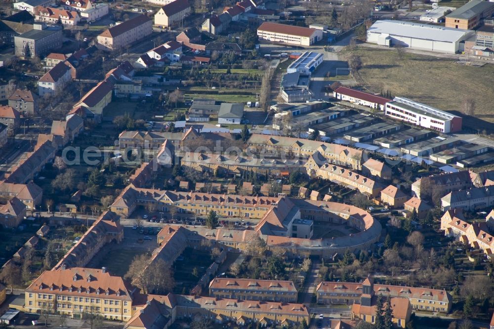 Wittenberg Ortsteil Piesteritz from the bird's eye view: The Piesteritzer employee housing is the largest car-free housing development in Germany. From 1916 to 1919, the garden city was built to plans by Paul Schmitthenner and Otto Rudolf Salvisberg for about 2000 employees of the adjacent nitrogen plant. It was recorded in 1986 in the list of monuments of the GDR and has since become a historical monument