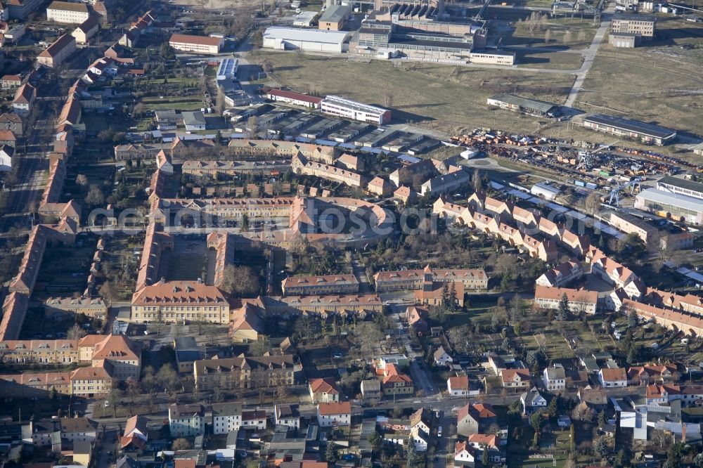 Aerial image Wittenberg Ortsteil Piesteritz - The Piesteritzer employee housing is the largest car-free housing development in Germany. From 1916 to 1919, the garden city was built to plans by Paul Schmitthenner and Otto Rudolf Salvisberg for about 2000 employees of the adjacent nitrogen plant. It was recorded in 1986 in the list of monuments of the GDR and has since become a historical monument