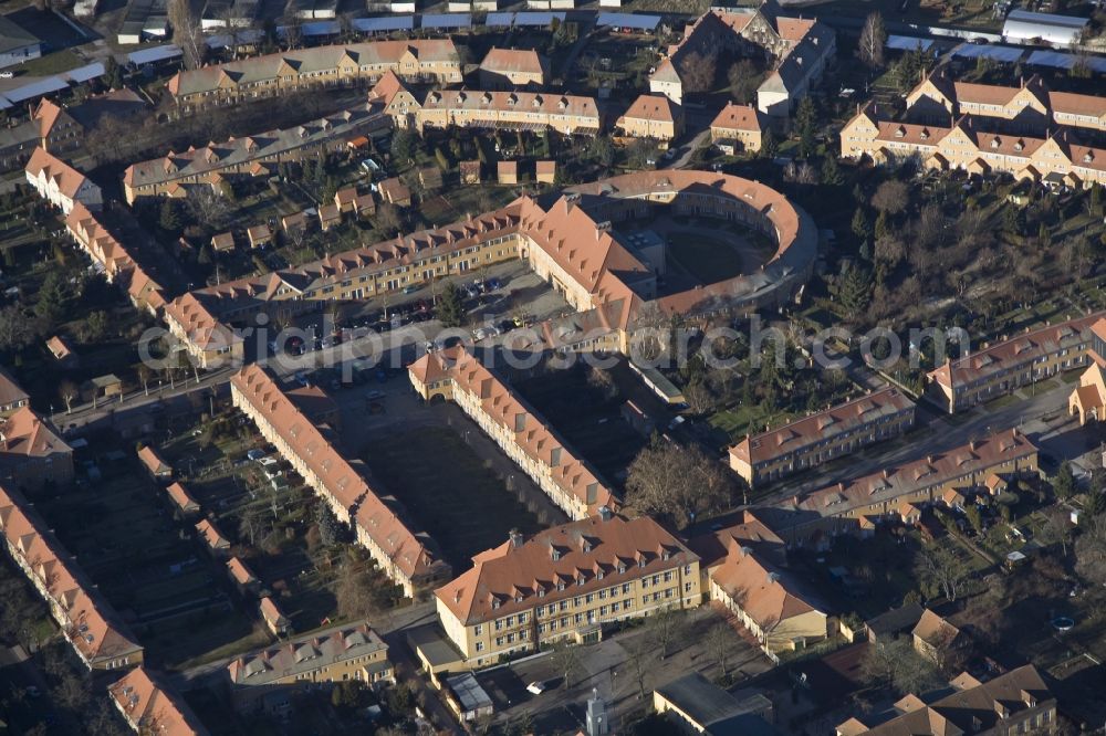 Wittenberg Ortsteil Piesteritz from the bird's eye view: The Piesteritzer employee housing is the largest car-free housing development in Germany. From 1916 to 1919, the garden city was built to plans by Paul Schmitthenner and Otto Rudolf Salvisberg for about 2000 employees of the adjacent nitrogen plant. It was recorded in 1986 in the list of monuments of the GDR and has since become a historical monument