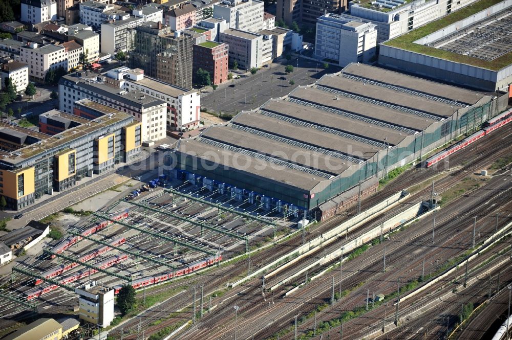 Frankfurt am Main from the bird's eye view: Maintenance workshop of the city train Rhain-Main in the district Gallus at the street Adam-Riese-Strasse in Frankfurt at the Main in Hesse