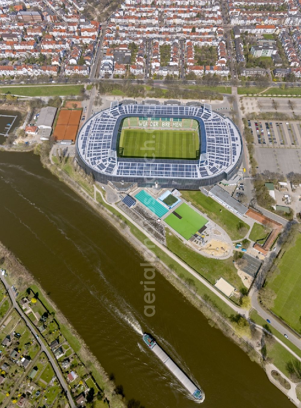 Bremen from the bird's eye view: The Weser Stadium in Bremen, the stadium of the Bundesliga club Werder Bremen