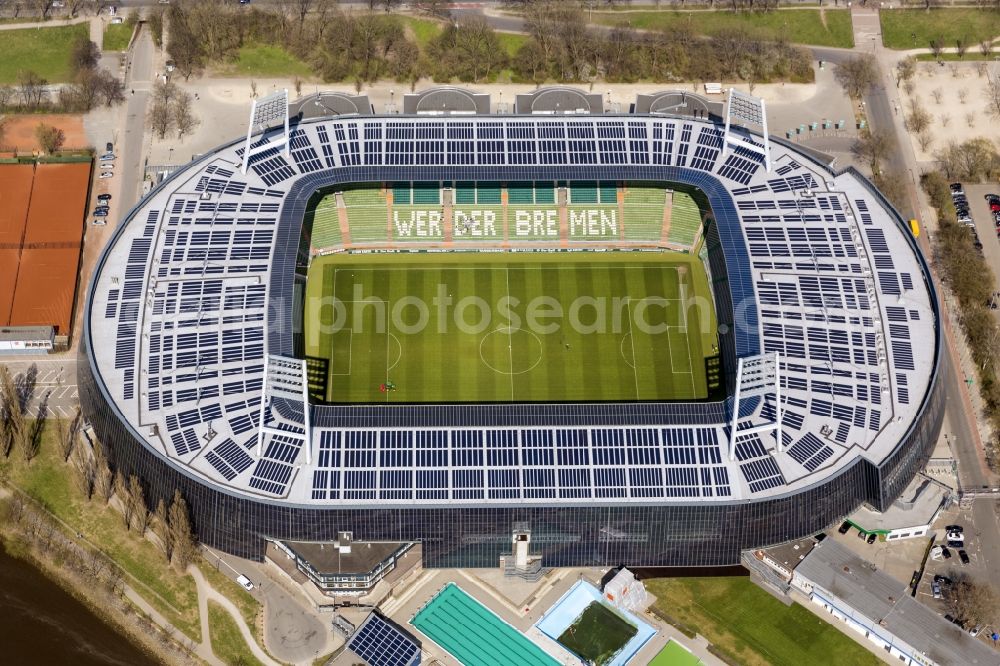 Aerial image Bremen - The Weser Stadium in Bremen, the stadium of the Bundesliga club Werder Bremen