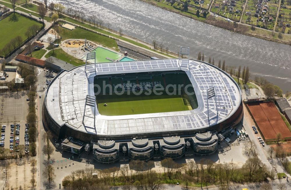 Aerial photograph Bremen - The Weser Stadium in Bremen, the stadium of the Bundesliga club Werder Bremen