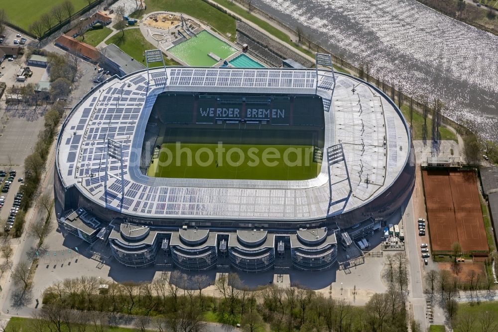 Bremen from the bird's eye view: The Weser Stadium in Bremen, the stadium of the Bundesliga club Werder Bremen