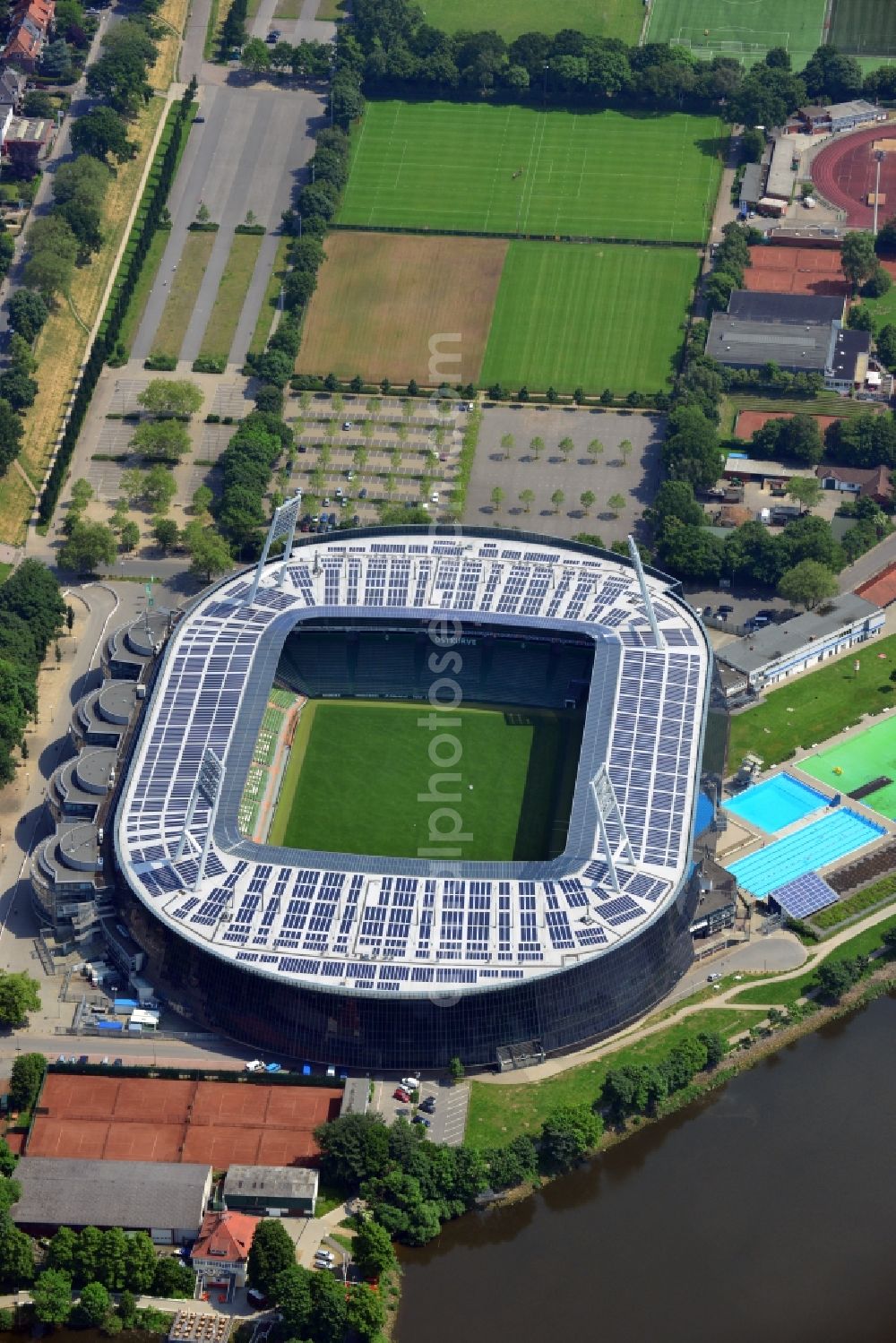 Aerial image Bremen - The Weser Stadium in Bremen, the stadium of the Bundesliga club Werder Bremen