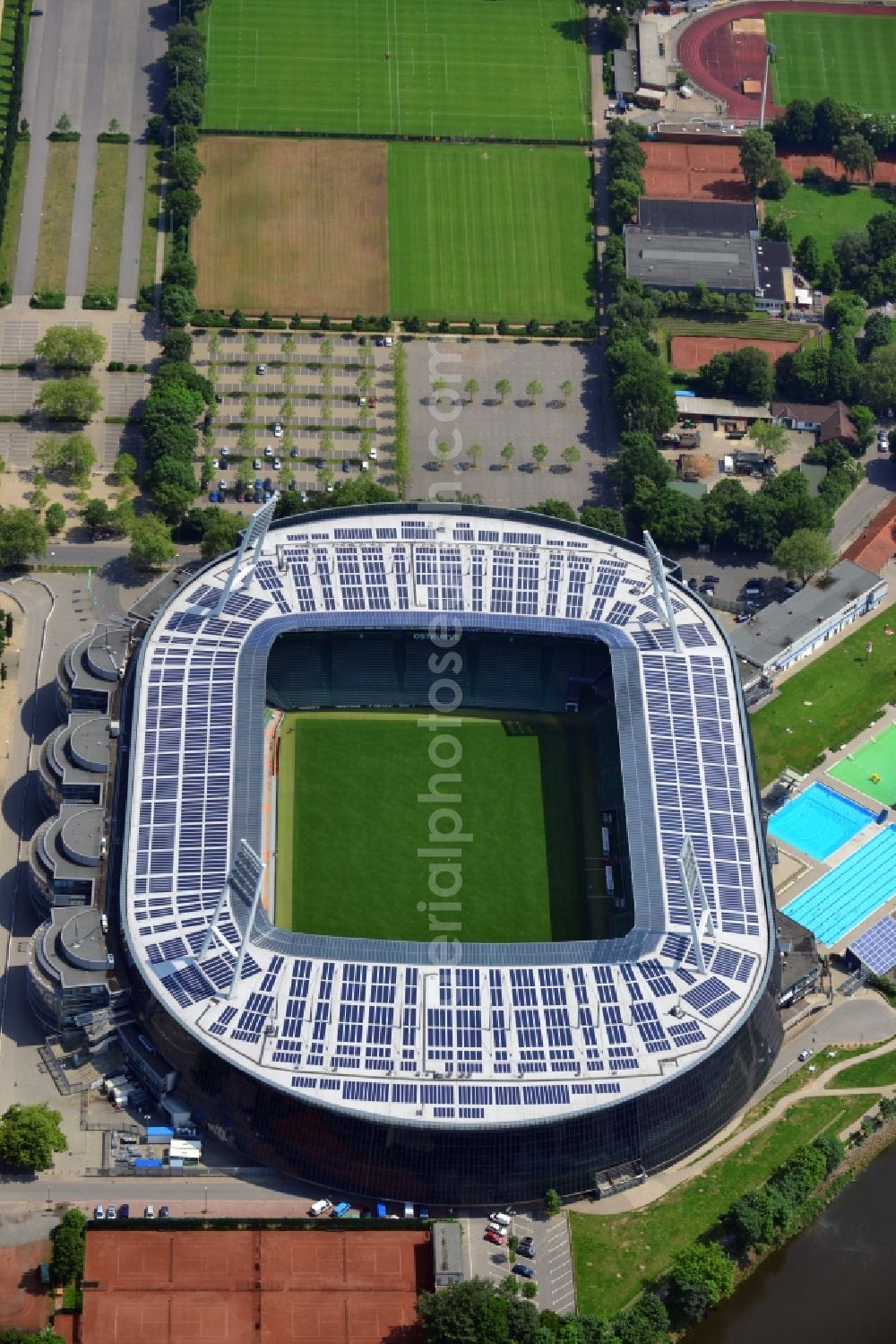 Aerial photograph Bremen - The Weser Stadium in Bremen, the stadium of the Bundesliga club Werder Bremen