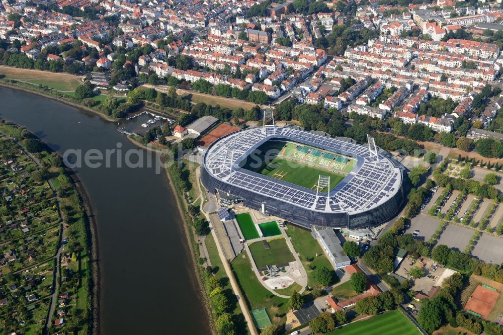 Bremen from the bird's eye view: The Weser Stadium in Bremen, the stadium of the Bundesliga club Werder Bremen