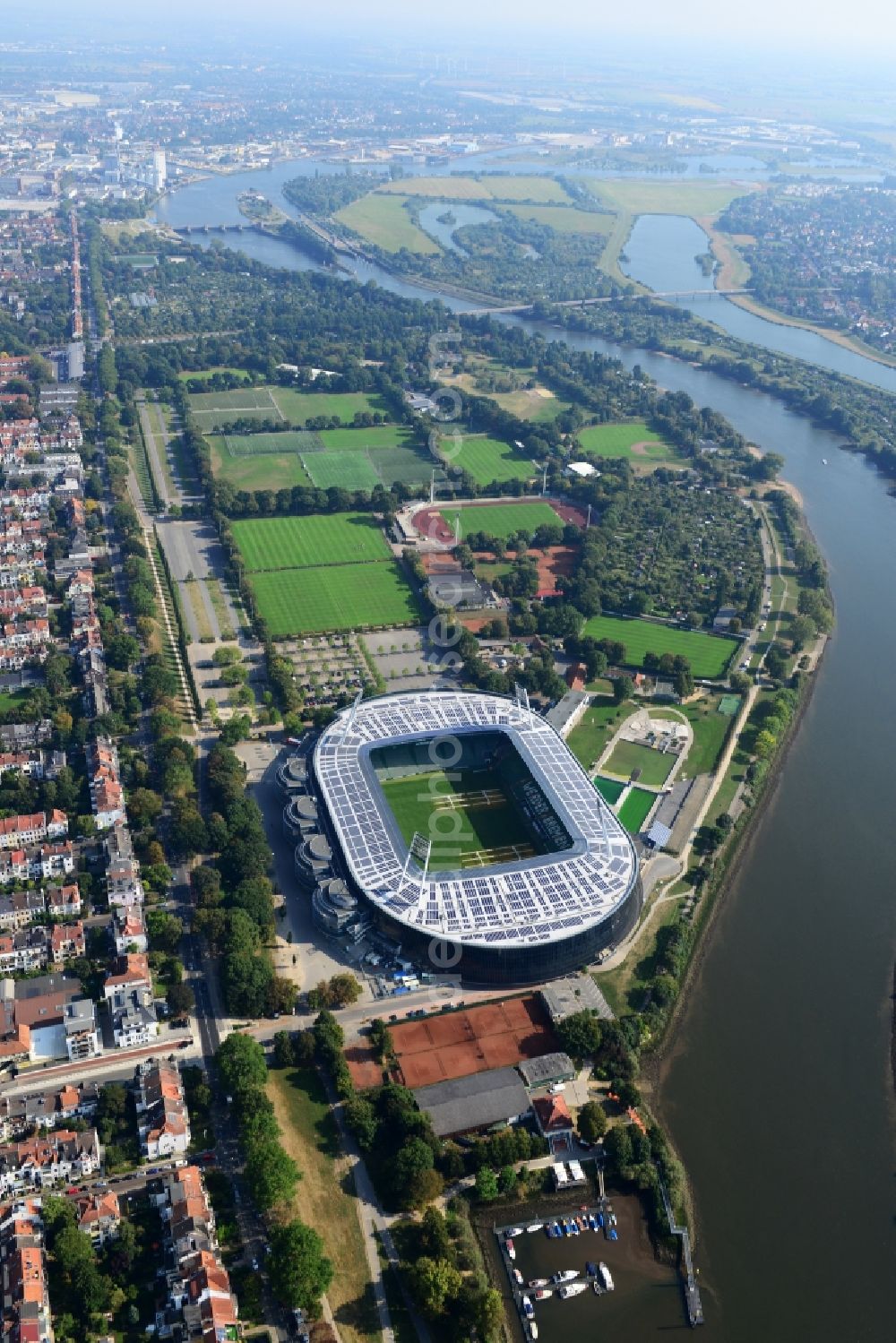 Bremen from the bird's eye view: The Weser Stadium in Bremen, the stadium of the Bundesliga club Werder Bremen