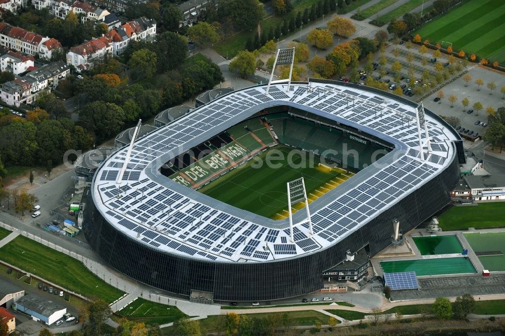 Bremen from the bird's eye view: The Weser Stadium in Bremen, the stadium of the Bundesliga club Werder Bremen