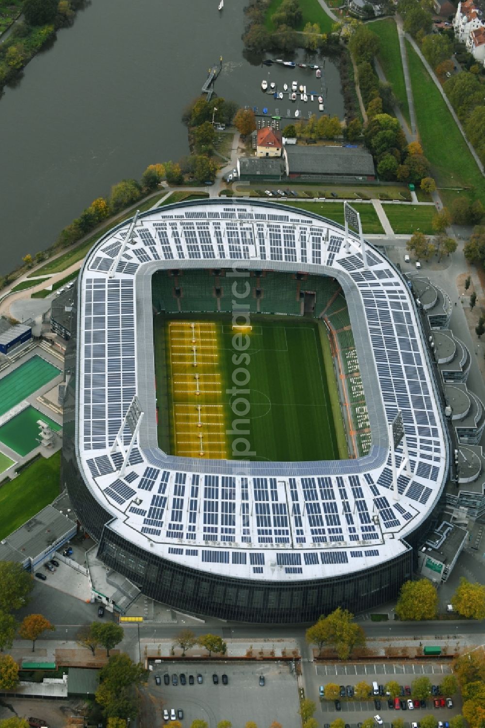 Bremen from the bird's eye view: The Weser Stadium in Bremen, the stadium of the Bundesliga club Werder Bremen