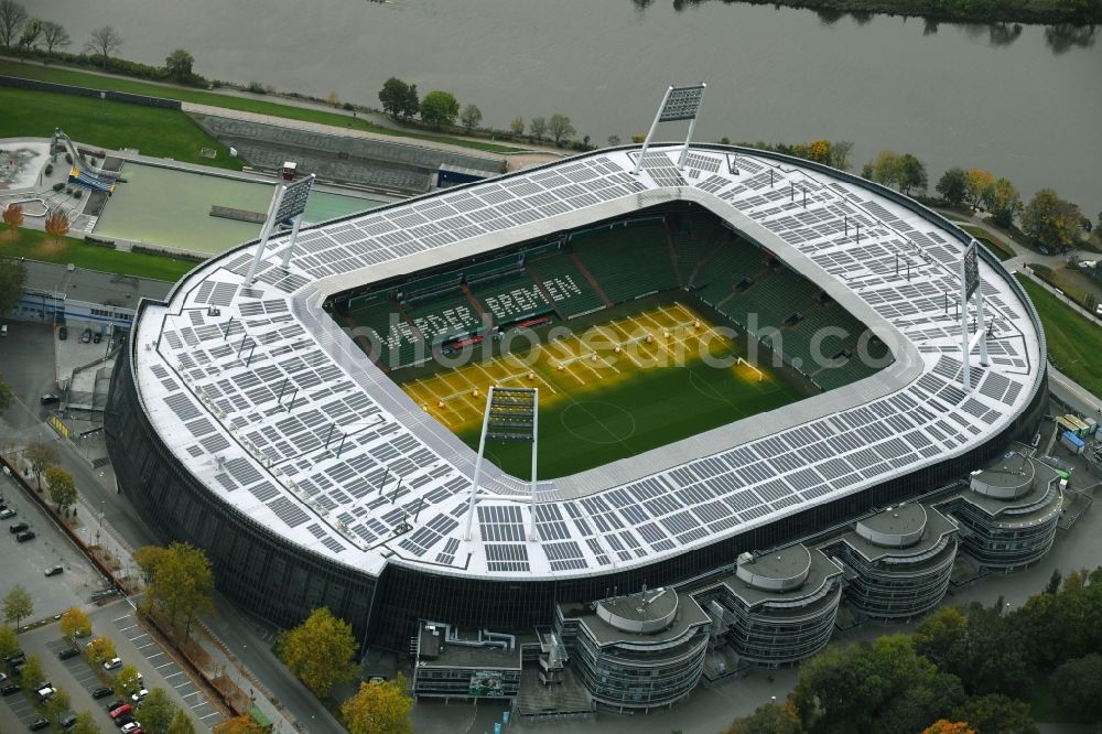 Bremen from the bird's eye view: The Weser Stadium in Bremen, the stadium of the Bundesliga club Werder Bremen