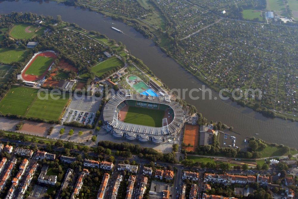 Aerial photograph Bremen - The Weser Stadium in Bremen, the stadium of the Bundesliga club Werder Bremen