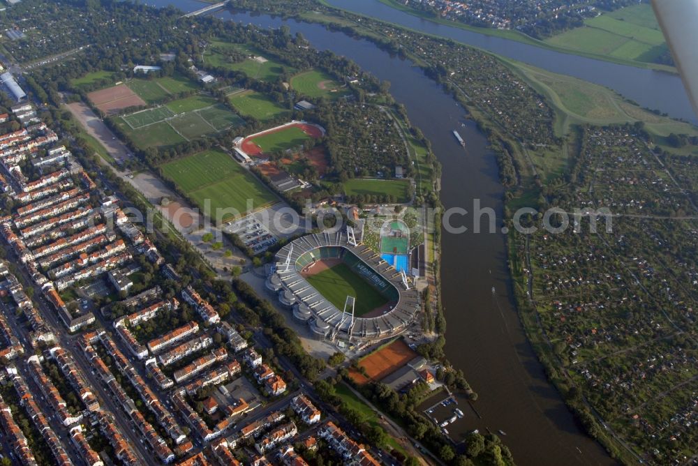 Bremen from the bird's eye view: The Weser Stadium in Bremen, the stadium of the Bundesliga club Werder Bremen