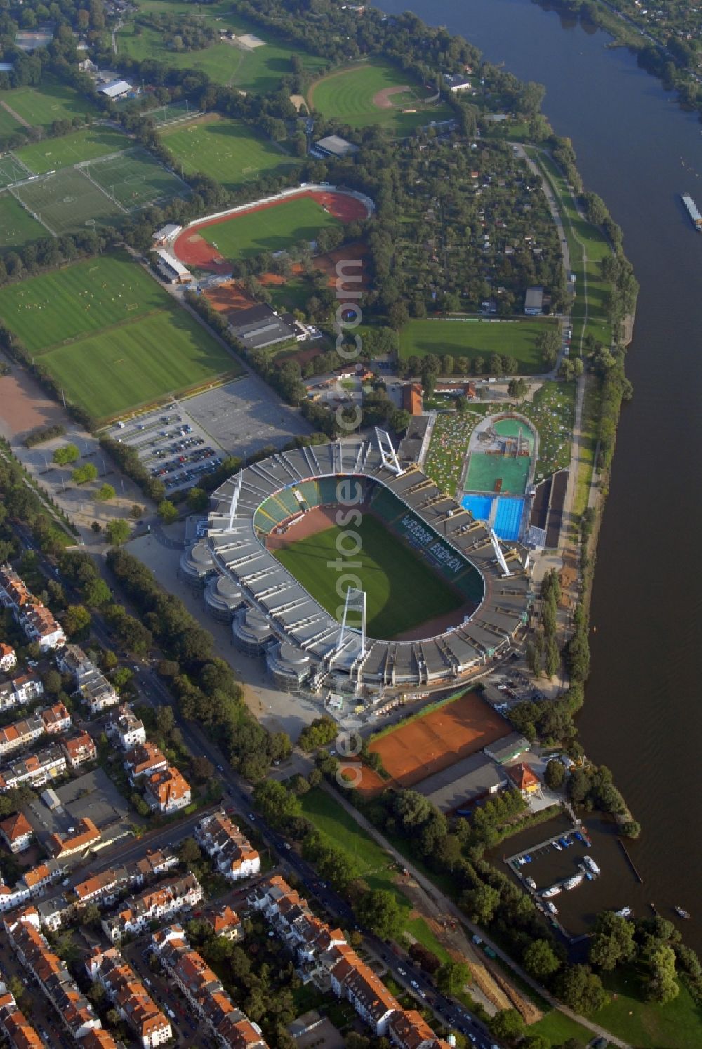 Aerial image Bremen - The Weser Stadium in Bremen, the stadium of the Bundesliga club Werder Bremen