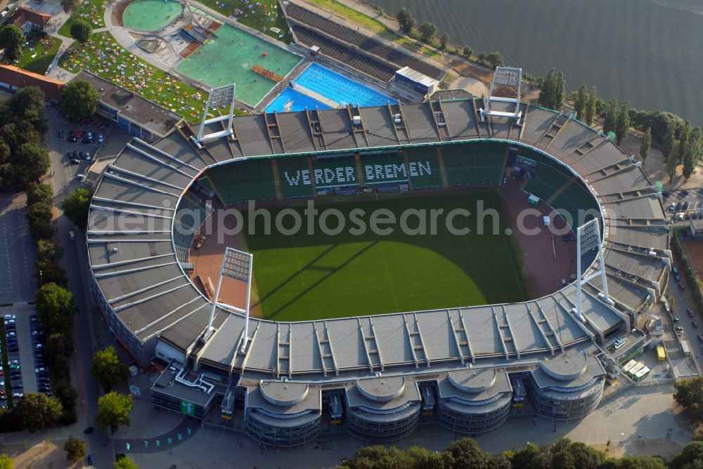Bremen from the bird's eye view: The Weser Stadium in Bremen, the stadium of the Bundesliga club Werder Bremen