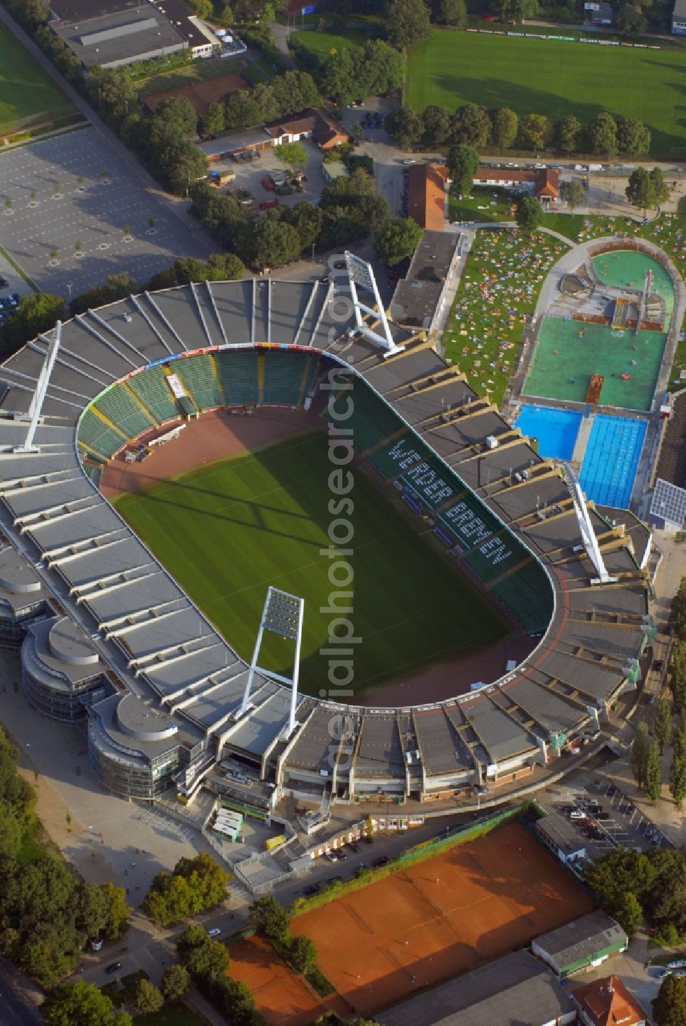 Bremen from the bird's eye view: The Weser Stadium in Bremen, the stadium of the Bundesliga club Werder Bremen