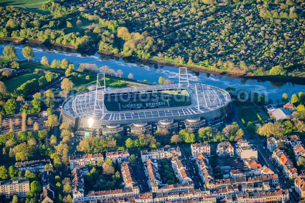 Bremen from the bird's eye view: The Weser Stadium in Bremen, the stadium of the Bundesliga club Werder Bremen