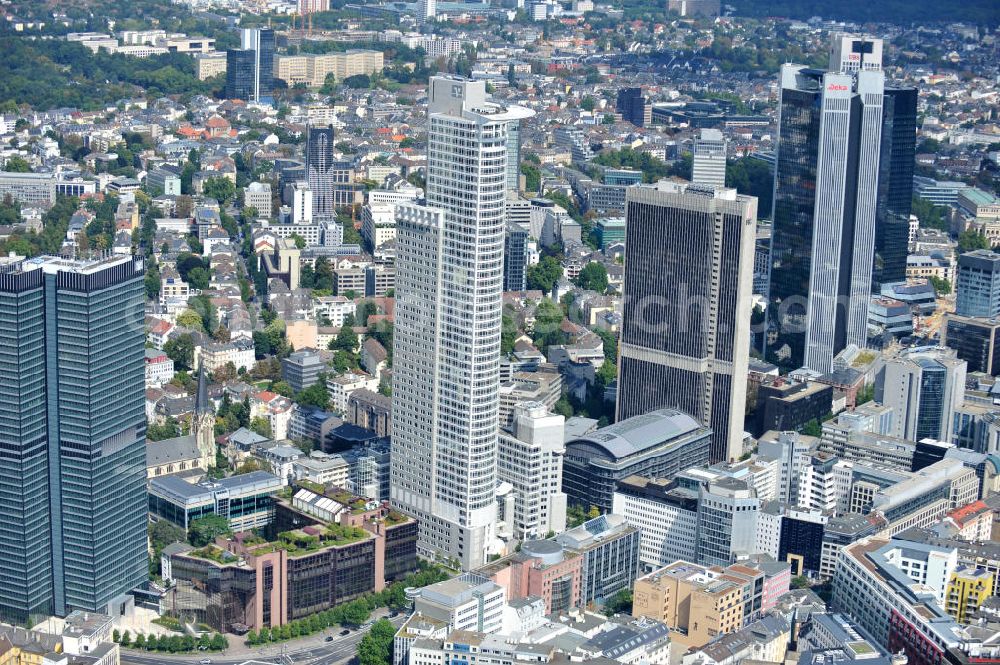 FRANKFURT AM MAIN from the bird's eye view: Skyscraper in Frankfurt am Main which is in combination with the city tower the German central bank