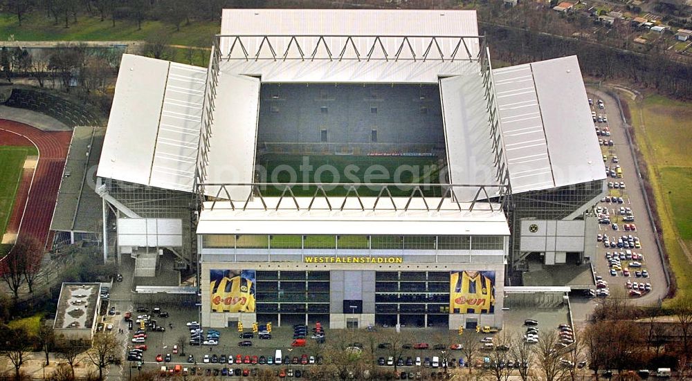 Aerial photograph Dortmund - Blick auf die Schirmaktion des Hertener Kuenstlers Peter Grzan am Westfalenstadion in Dortmund.